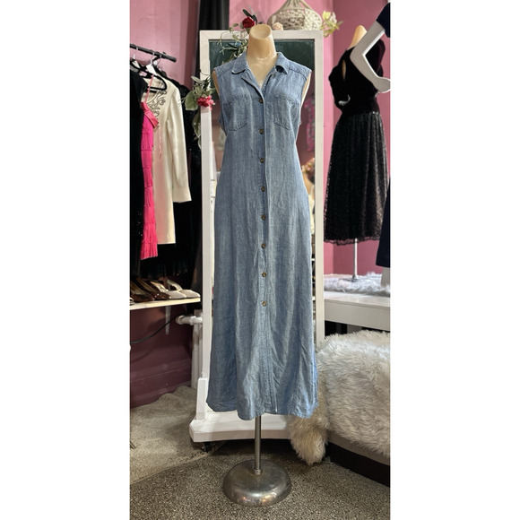 Vintage 90s Linen Maxi Dress Sleeveless Button Down Minimalist Light Wash M/L - Picture 2 of 8